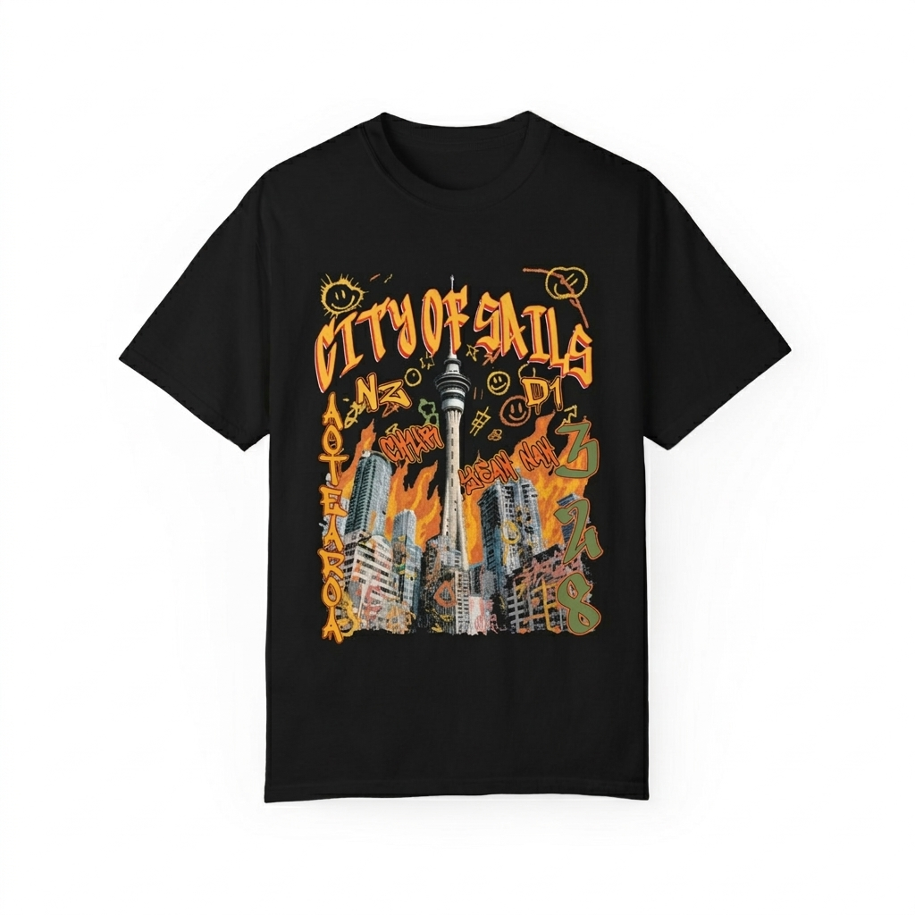 Black t-shirt with colorful graphic design and 'City of Sails' text on a white background