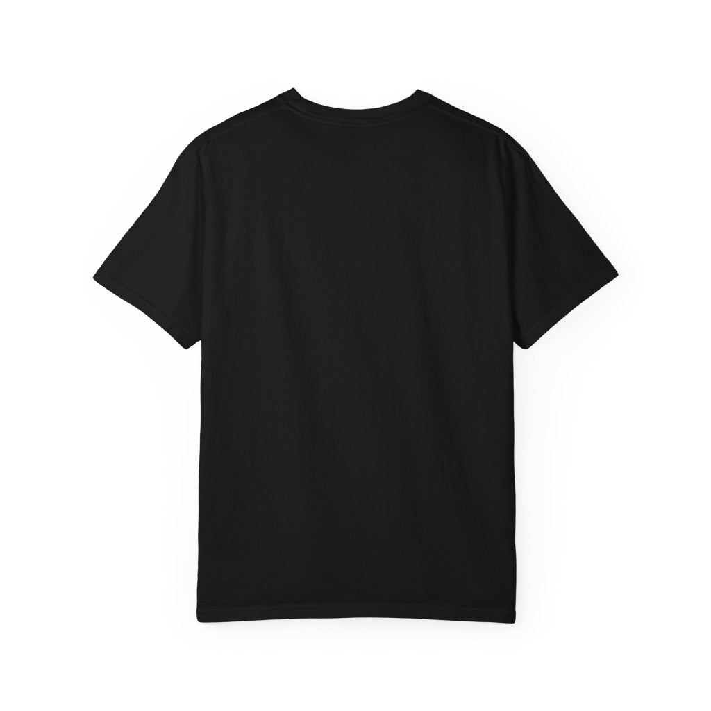 Back of black t-shirt on a white background