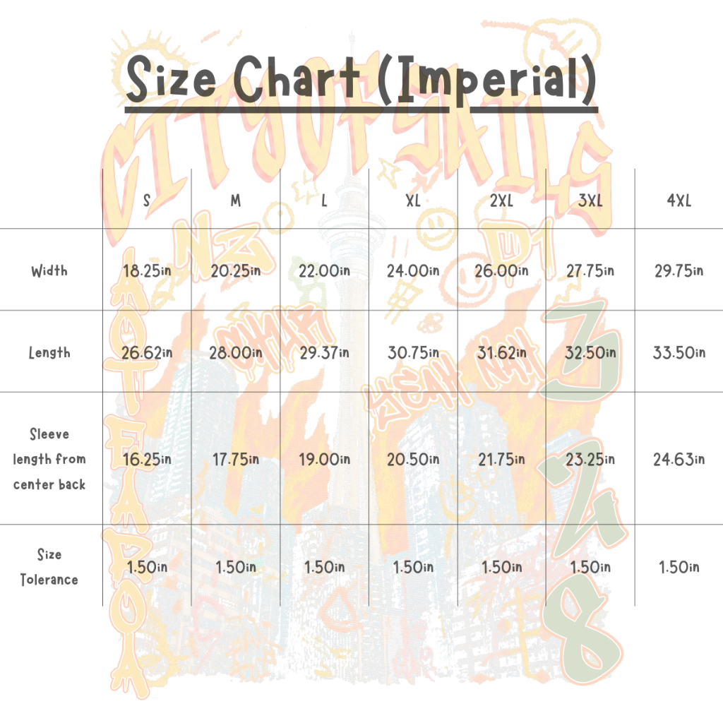 Size chart for clothing measurements in imperial units on a white background