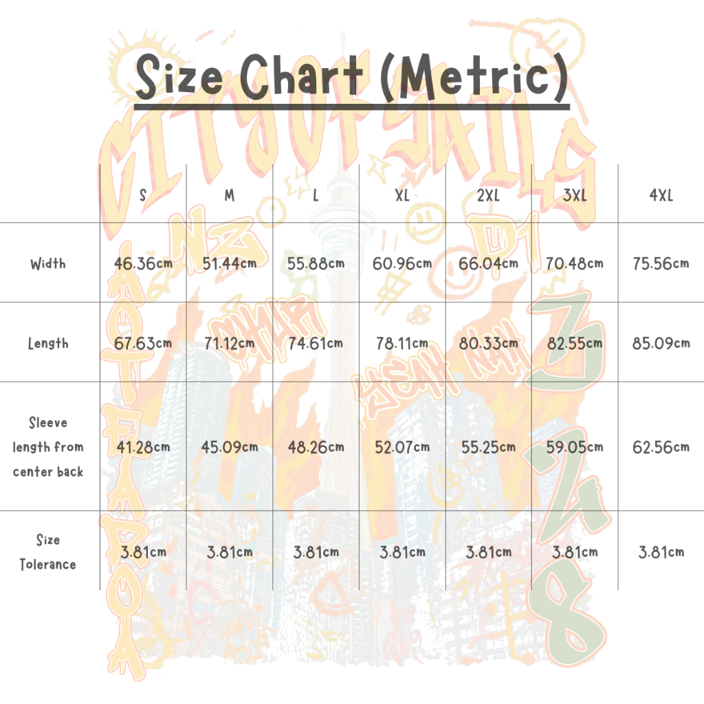 Size chart for clothing measurements in metric units on a white background